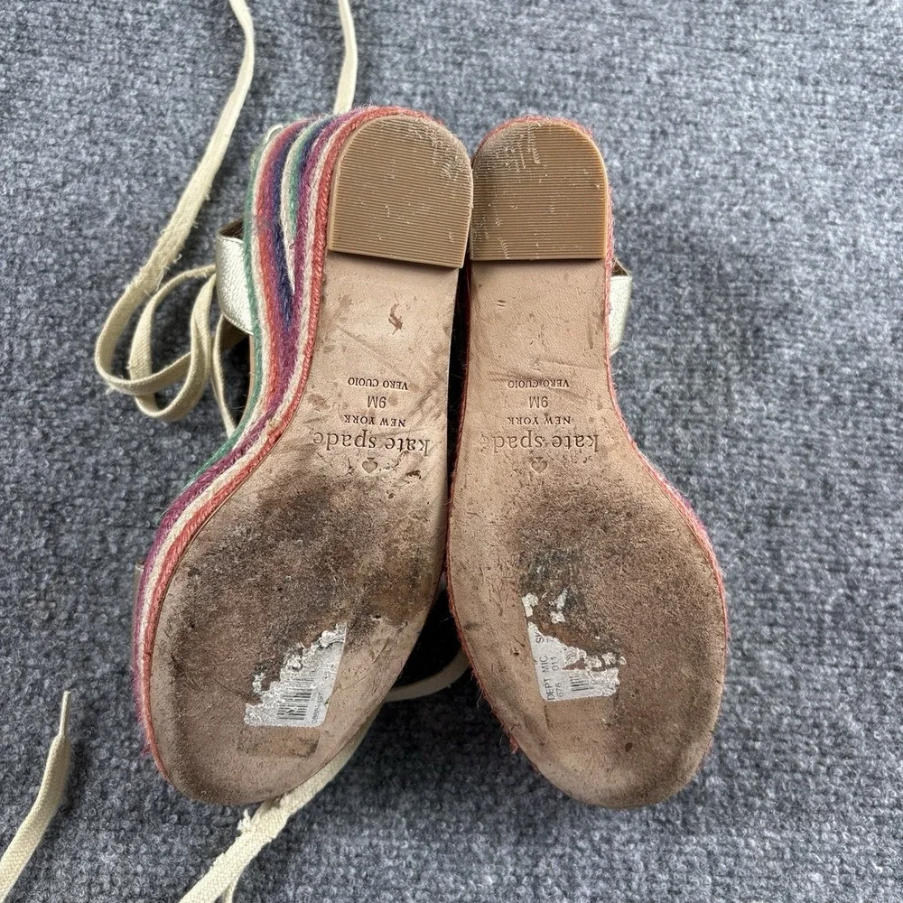 Kate Spade Gold Espadrille Wedge Sandals Women's 9M‎ Lace Up Rainbow Boho 5